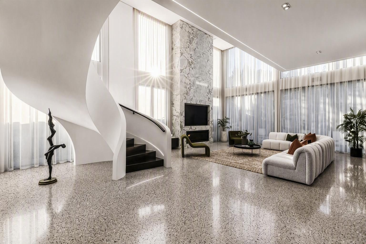 Sculptural feature staircase in an architectural home by Zentos Constructions