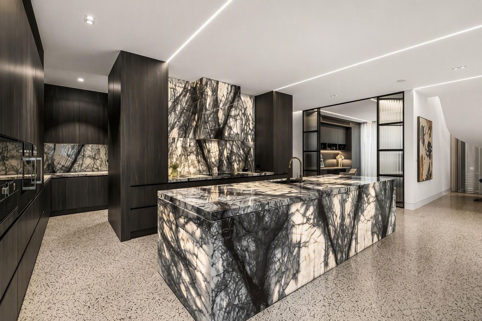 Marble island bench in an architectural kitchen by Zentos Constructions